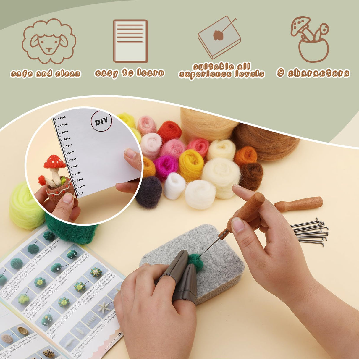Yizzvb Needle Felting Kit, 9 PCS Succulent Needle Felt Beginner Kits, Wool Felting Kit Including Wool Roving, Felting Pad, Felting Needles and Instructions for DIY Craft Home Decoration Yizzvb