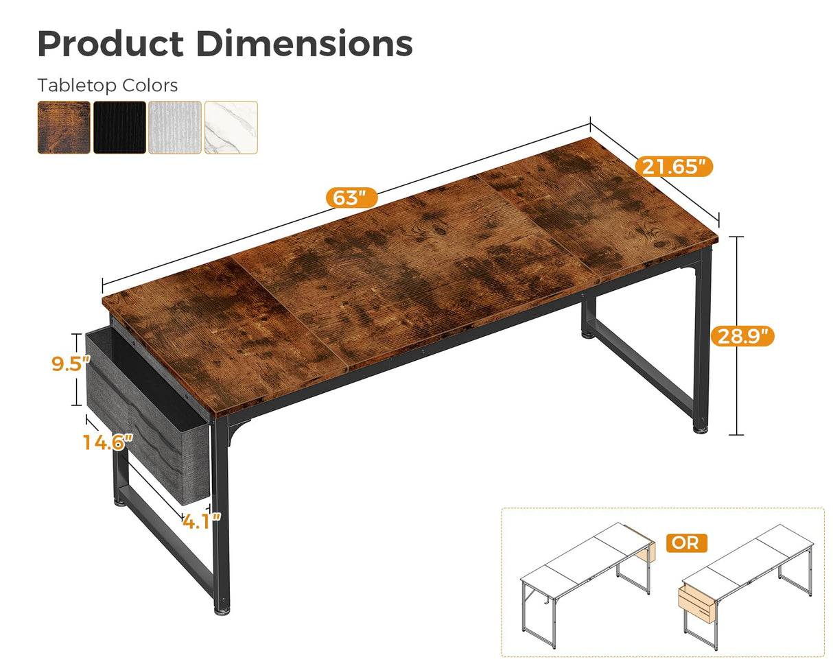 ODK Computer Desk Large Office Desk, 63 Inch Gaming Desk with Storage, Modern PC Desk Work Table with Headphone Hook for Home Office, Splice Board, Rustic Brown ODK