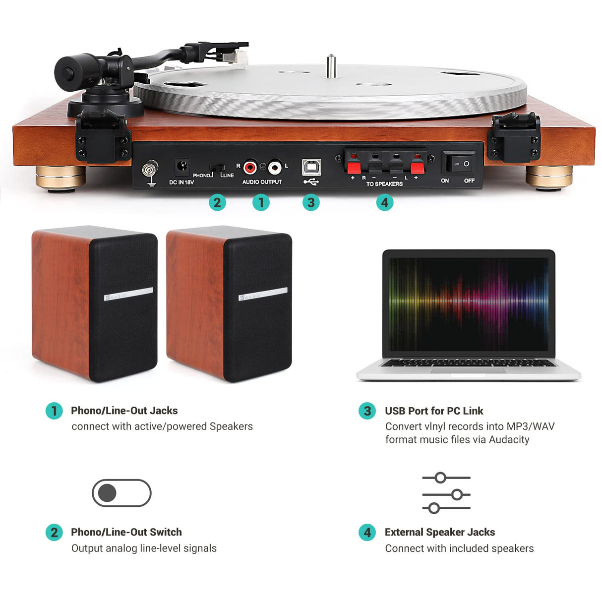 SingingWood Audio VP42AS Bluetooth Belt Drive 2 Speed Built in Preamp Turntable Hi-Fi with 44 Watt Bookshelf Speakers, Vinyl Record Player with Magnetic Cartridge Bluetooth Playback (Walnut) SINGING WOOD