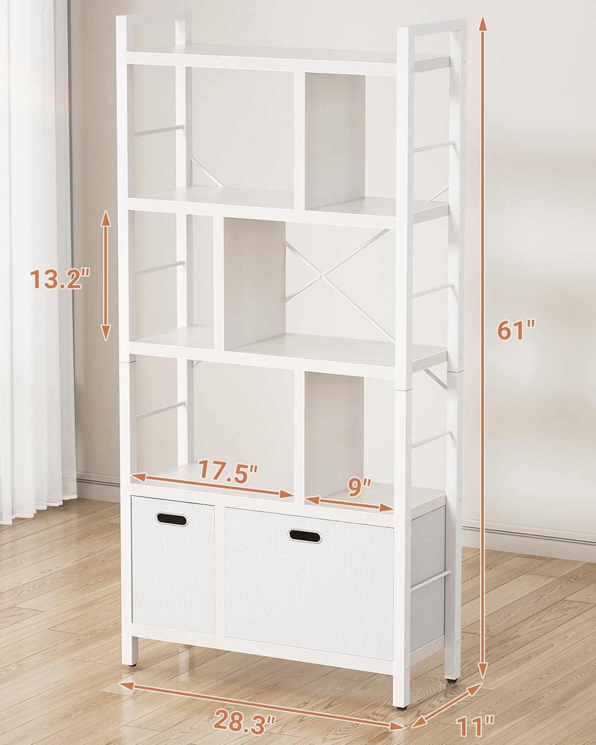 Armocity Bookshelf with Drawers - 5 Tier Tall Bookcase Geometric Modern Book Shelf Display Standing Bookshelves with Storage for Living Room, Bedroom Home Office, White Armocity