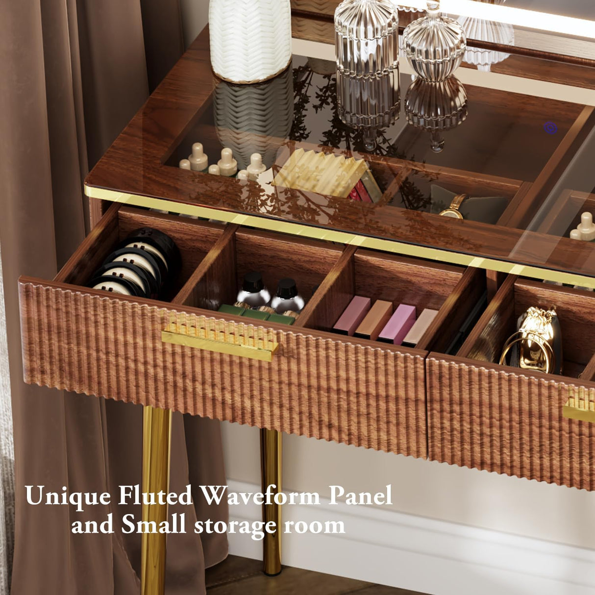 Chrangmay 47.24" Big Modern Vanity Desk with Mirror and Lights,Makeup Vanity Desk with 5 Drawers and Storage Shelves & Power Outlet,Dressing Table with Glass Top, Brown Chrangmay