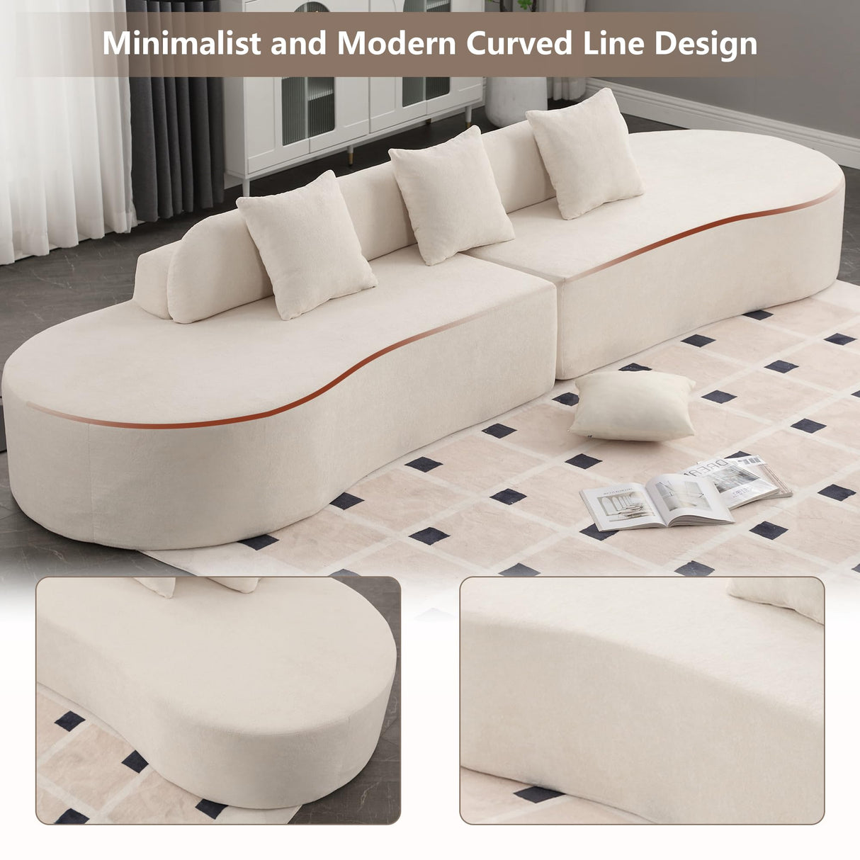 Suheww 130.5” Curved Sofa for Living Room, Cloud Sectional Couch Modern Boneless Lounge Sofa, 4-Seater Beige Oversized Compressed Couch with 3 Pillows for Apartment Bedroom Office Suheww