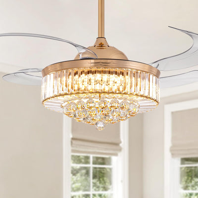 MOOONICHE 48 Inch Crystal Ceiling Fan with Light and Remote Modern Dimmable Fandelier Invisible Retractable Chandelier Fan Gold for Bedroom Living Room