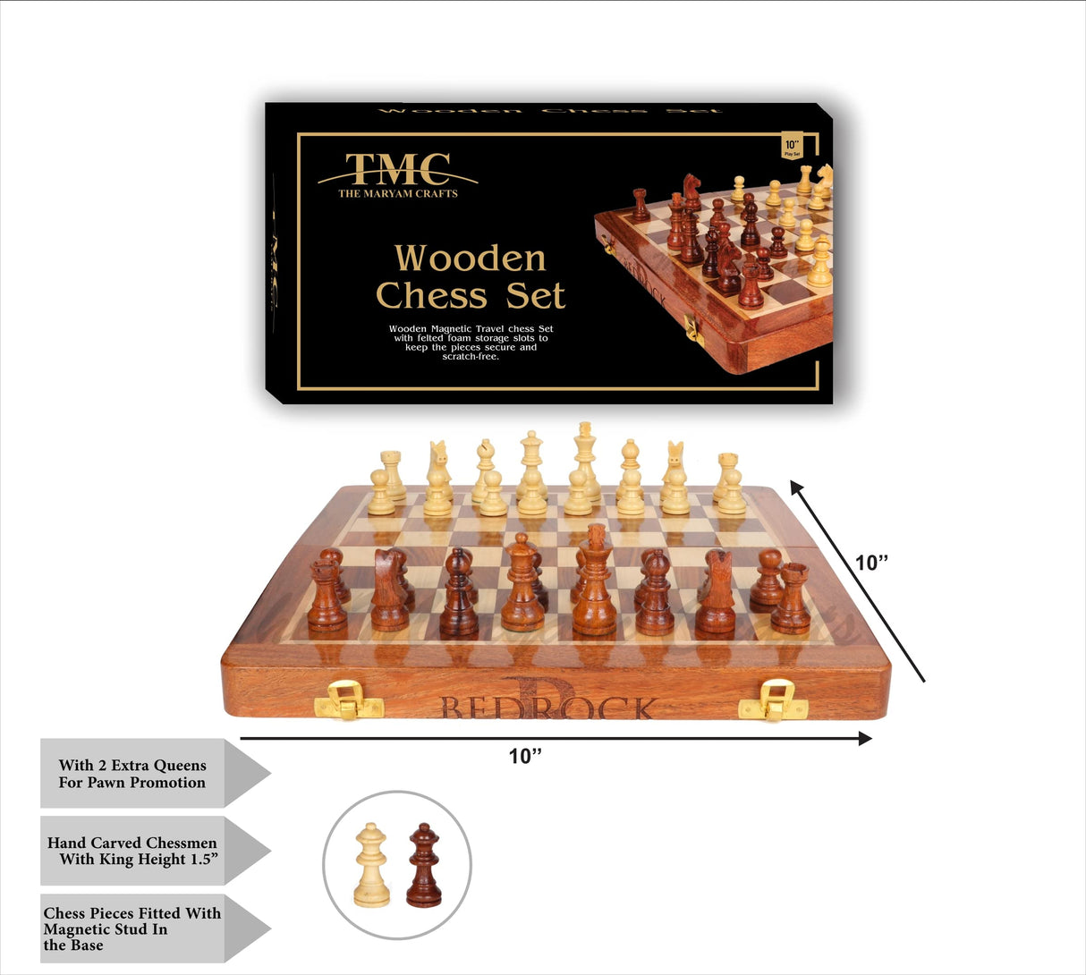 Personalized Wooden Foldable Magnetic Chess Set with 2 Extra Queen | Chessmen Storage Slots, Beginner Chess Set for Adults (Personalized, 10 inches) The Maryam Crafts