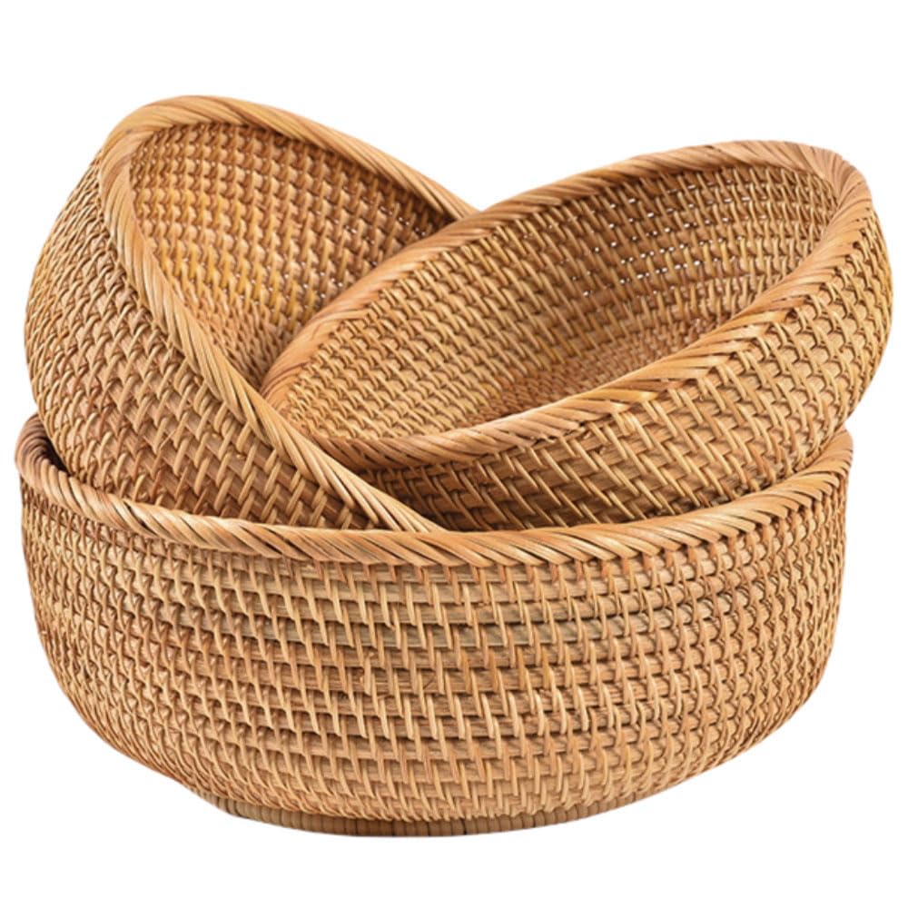 Rattan Bread Basket, Hand Woven Fruit Basket, Wicker Serving Basket Bowl, Decorative Baskets for Kitchen Counter Organizing, Set of 3 (Round) XIMISISE
