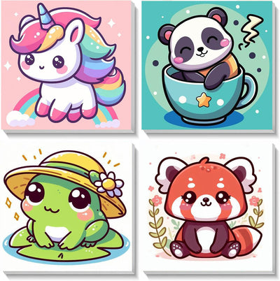 HOIYLDS Framed 4 Pack Paint by Number for Kids, Cute Animals Paint by Numbers for Kids Ages 8-12, Paint by Numbers Kits Children Beginner, DIY Acrylic Oil Painting for Home Wall Decor (8x8inch)