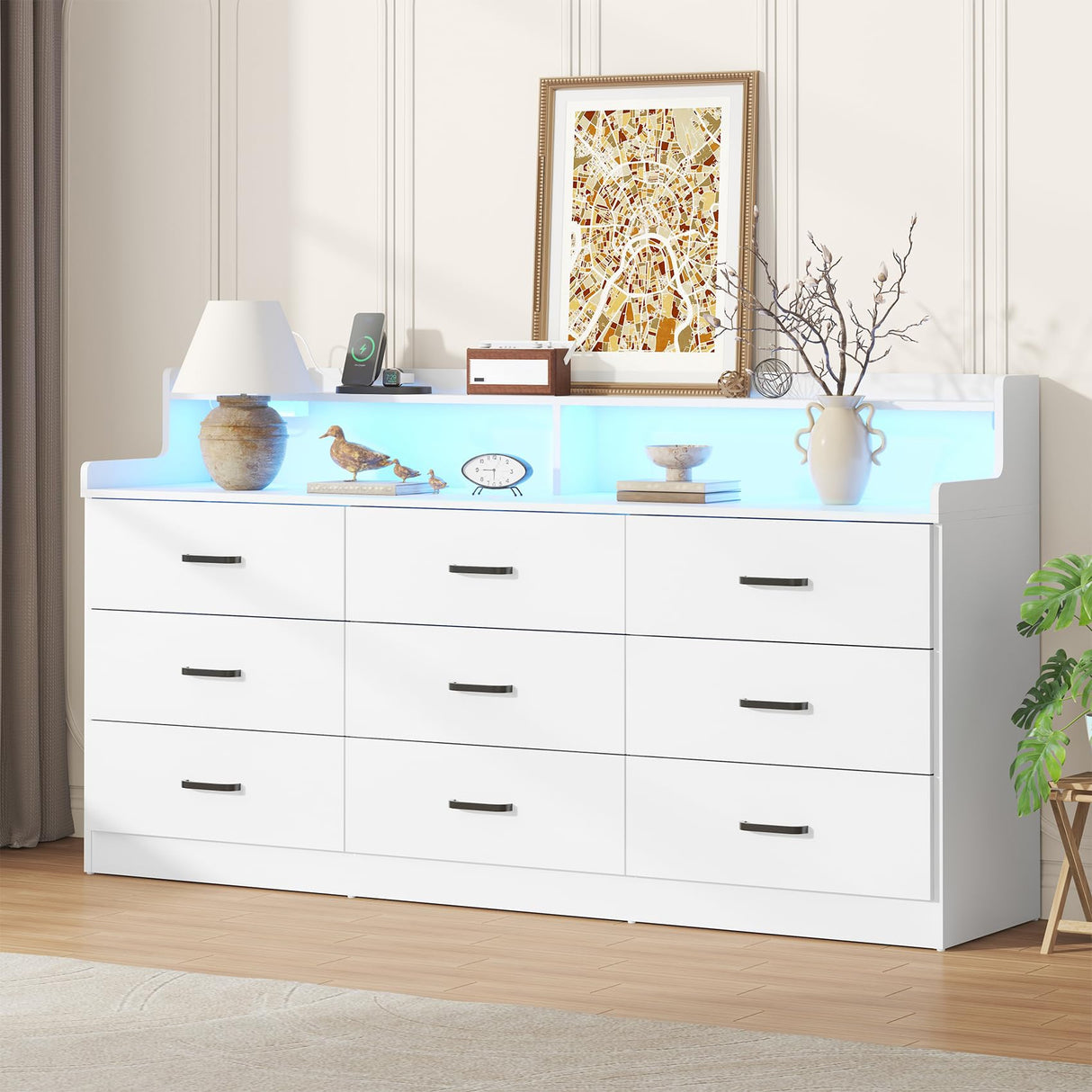 Bigbiglife 9 Drawer Dresser with Built in Power Outlet and LED Light, Modern Chest of Drawers for Bedroom, Triple Wide Drawer Organizer Cabinet for Living Room, Entryway, Hallway, Antique White Bigbiglife