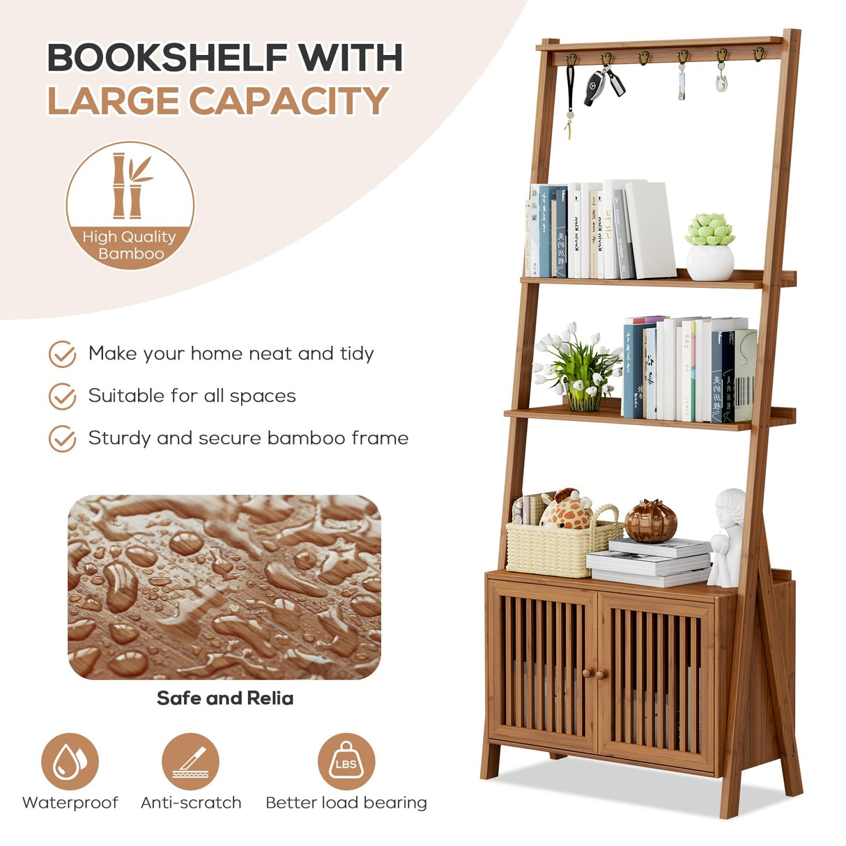 Bookcase with Drawers, 4-Tier Bamboo Bookshelf Ladder Shelf with 6 Hooks, Tall Narrow Retro Book Shelf, 24.8"L x 10.6"W x 59.5"H, Standing Storage Organizer for Living Room, Office, Bedroom, Walnut oakvivo