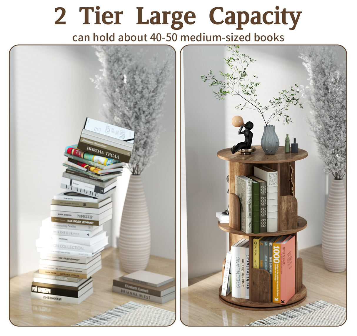 Suuiwau 2-Tier Rotating Bookshelf, 360° Spinning Corner Bookcase Space-Saving Storage Rack for Living Room, Bedroom, Office, Kids Room Suuiwau