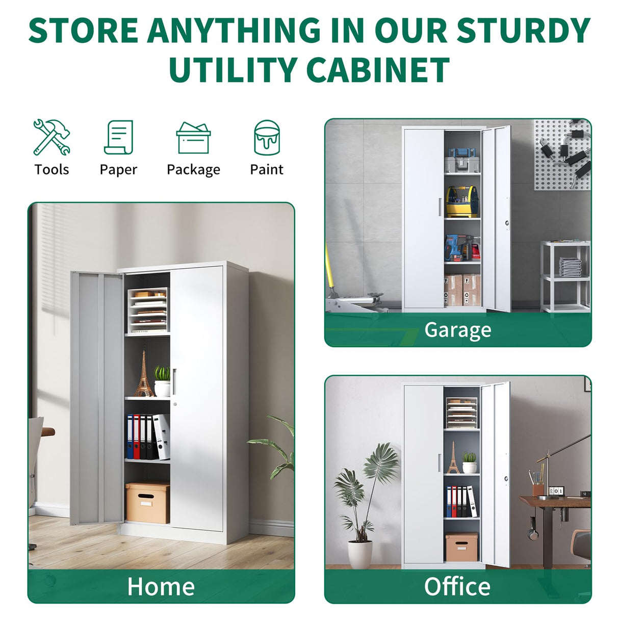 Metal Storage Cabinet with Lock, 71" Lockable Garage Tool Cabinet with Doors and Shelves, Tall Steel Cabinet for Garage, Heavy-Duty Black File Cabinet for Home Office, Gym, School (White, 71") Ochangqi