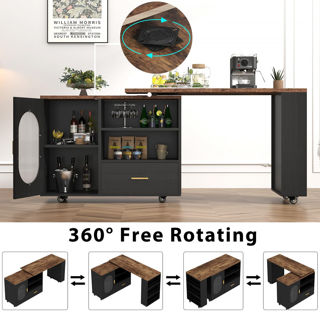 HSH 72" Rustic Kitchen Island with Storage, Mobile Farmhouse Kitchen Island Cart with Cabinet, Drawer & Shelves, Island Table on Wheels for Meal Prep, Dining Room & Home Bar, Rustic Brown & Black Oak HSH