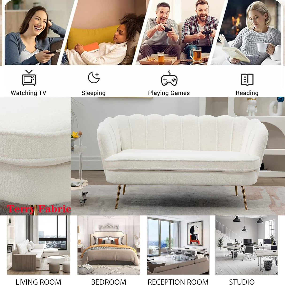 Modern Boucle Loveseat Couch,Futon Small Sofa with Gold Metal Legs ,2-Seater Upholstered Mini Sofa Couches for Small Space,Living Room Bedroom Office Dorm Studio Apartment Love Seat Couche(White) Gustonhon
