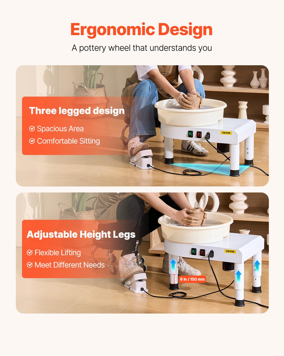 VEVOR 14in/35cm Pottery Wheel for Adults, 0-6in Lift-Table 450W Professional Pottery Kit with Foot Pedal Detachable Basin DIY Art Clay Potter's Wheel for Kids Adults Beginners at Home Pottery, White VEVOR