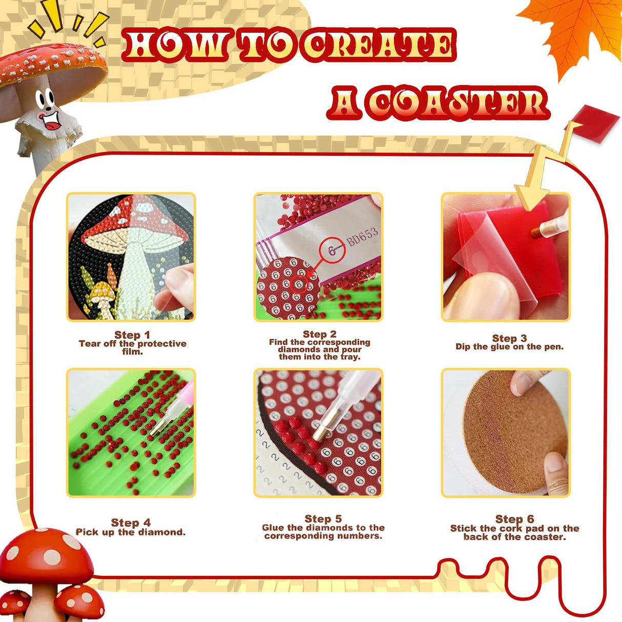 EWJRNSF 6 PCS 5D Diamond Painting Coasters Kits with Holder, Small Diamond Art Kits for Adults Beginners Diamond Dots Arts and Crafts Gems Supplies Item Mushroom Shaped EWJRNSF