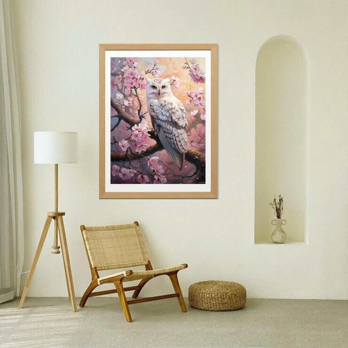 HMDIIMGE Cherry Blossom White Owl Diamond Painting Kits, 5D Full Round Gemstone Crystal Painting by Diamond Painting Art Kits for Adult, for Home Decor Living Room Decor and Relaxing Gift 12x16 Inch HMDIIMGE