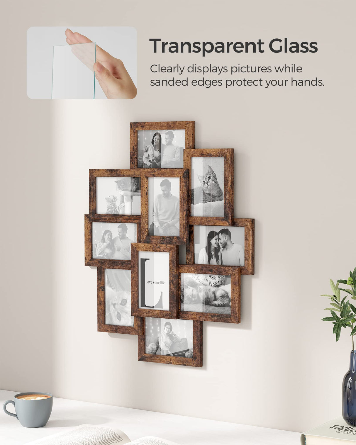 SONGMICS Collage Picture Frames, 4x6 Picture Frames Collage for Wall Decor, 10 Pack Photo Collage Frame for Gallery, Multi Family Picture Frame Set, Glass Front, Assembly Required, Rustic Brown SONGMICS