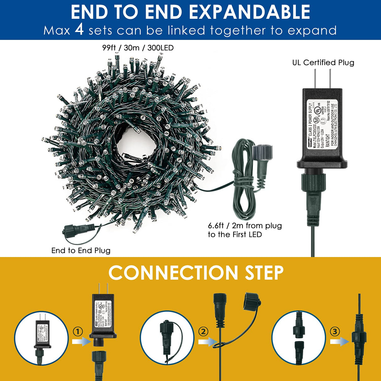 Decute 300LED Christmas String Lights Outdoor Waterproof 105FT UL Certified with End-to-End Plug 8 Modes, Warm White Indoor Starry Fairy Lights for Christmas Tree Patio Garden Wedding Party Decor Decute