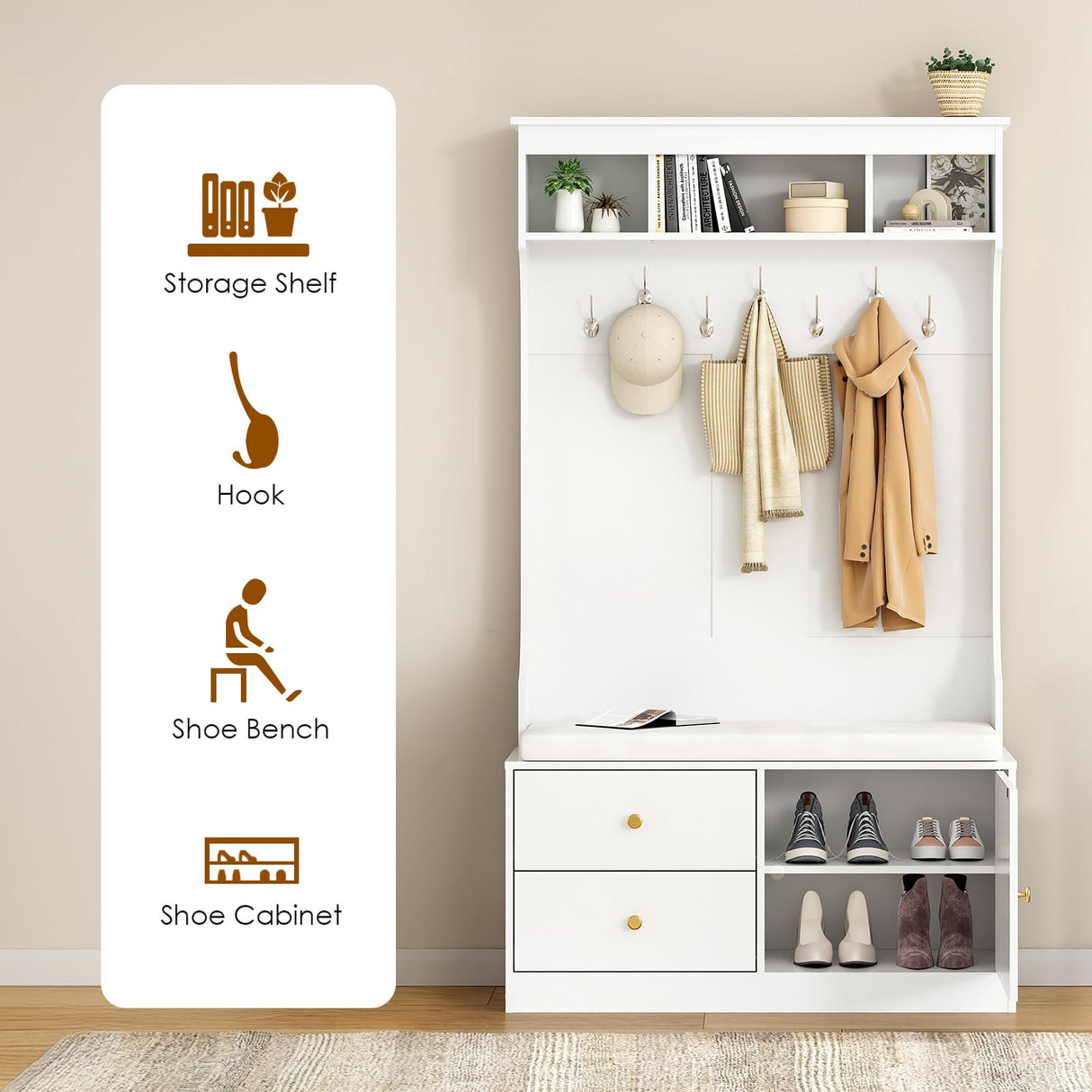 Soohow Hall Tree with Bench and Shoe Storage, Mud Room Bench with Storage and Seating, Hall Tree with Shoe Storage with 7 Hooks, 6-in-1 Farmhouse Hall Tree with Bench for Entryway, 70.9", White Soohow