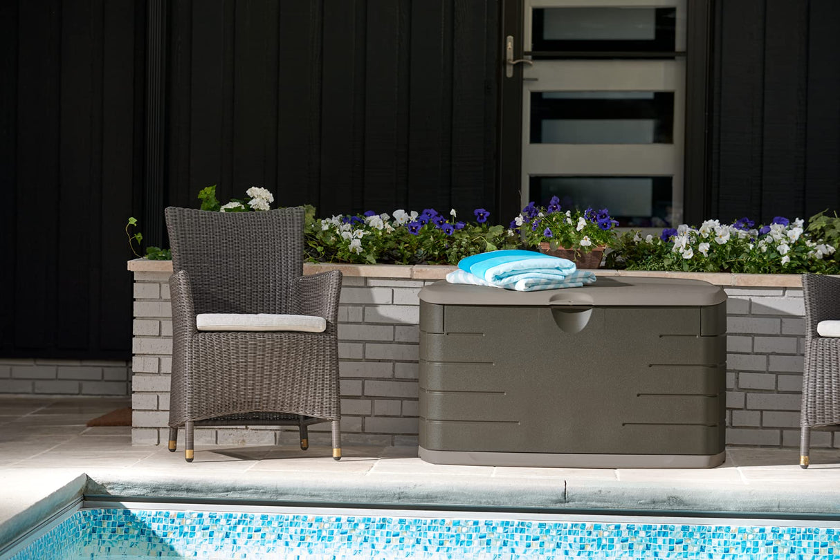 Rubbermaid Medium Resin Outdoor Storage Deck Box (73 Gal), Weather Resistant, Brown, Deck Organization for Home/Backyard/Pool Chemicals/Toys/Garden Tools/Porch/Patio Cushions Rubbermaid