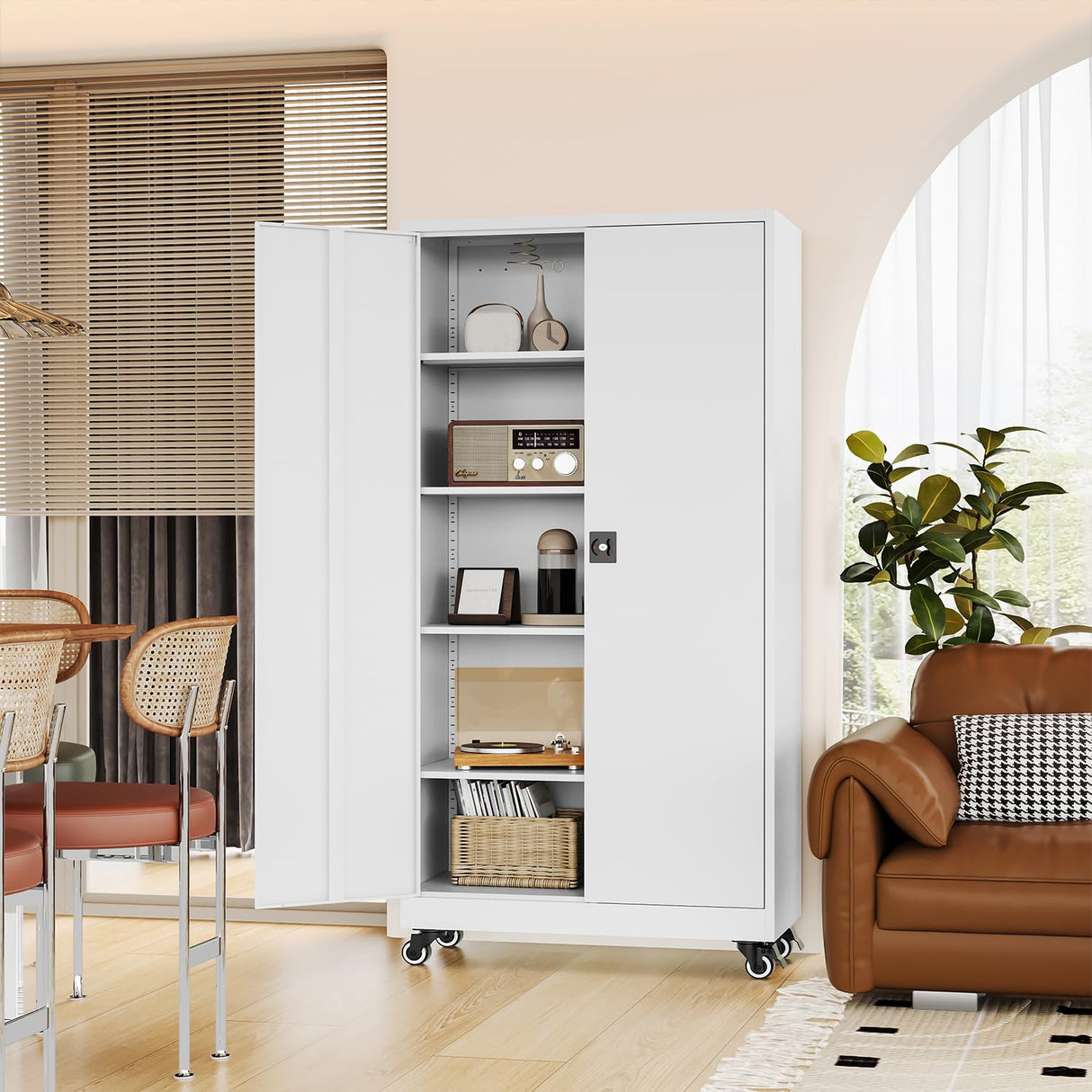 Fesbos Metal Rolling Storage Cabinet-74.6” Tall Steel File Cabinets with Wheels Lockable Doors and Adjustable Shelves-White Steel Storage Cabinet for Home, School, Office, Garage Fesbos