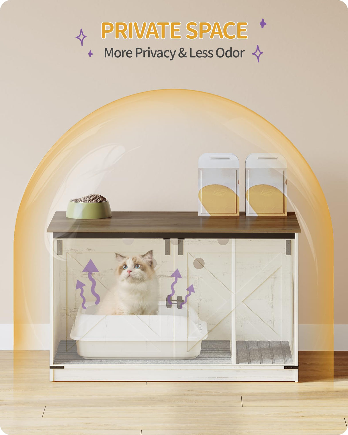 Hzuaneri Cat Litter Box Enclosure with Cushion, Hidden Litter Box Furniture with Removable Dividers, Reversible Entrance Left or Right Side,Cat House, Rustic White and Brown CB84714X Hzuaneri