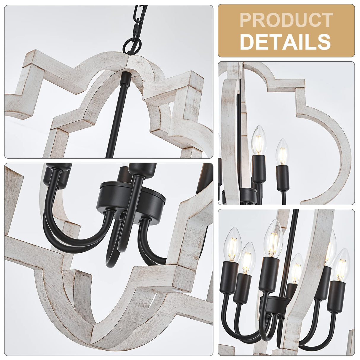 lighceac 6-Light 21" Farmhouse Orb Chandelier Rustic Handmade Distressed White Wood Hanging Ceiling Pendant Light Fixture Wood Lantern Chandeliers for Dining Room Kitchen Bedroom Foyer Hallway lighceac