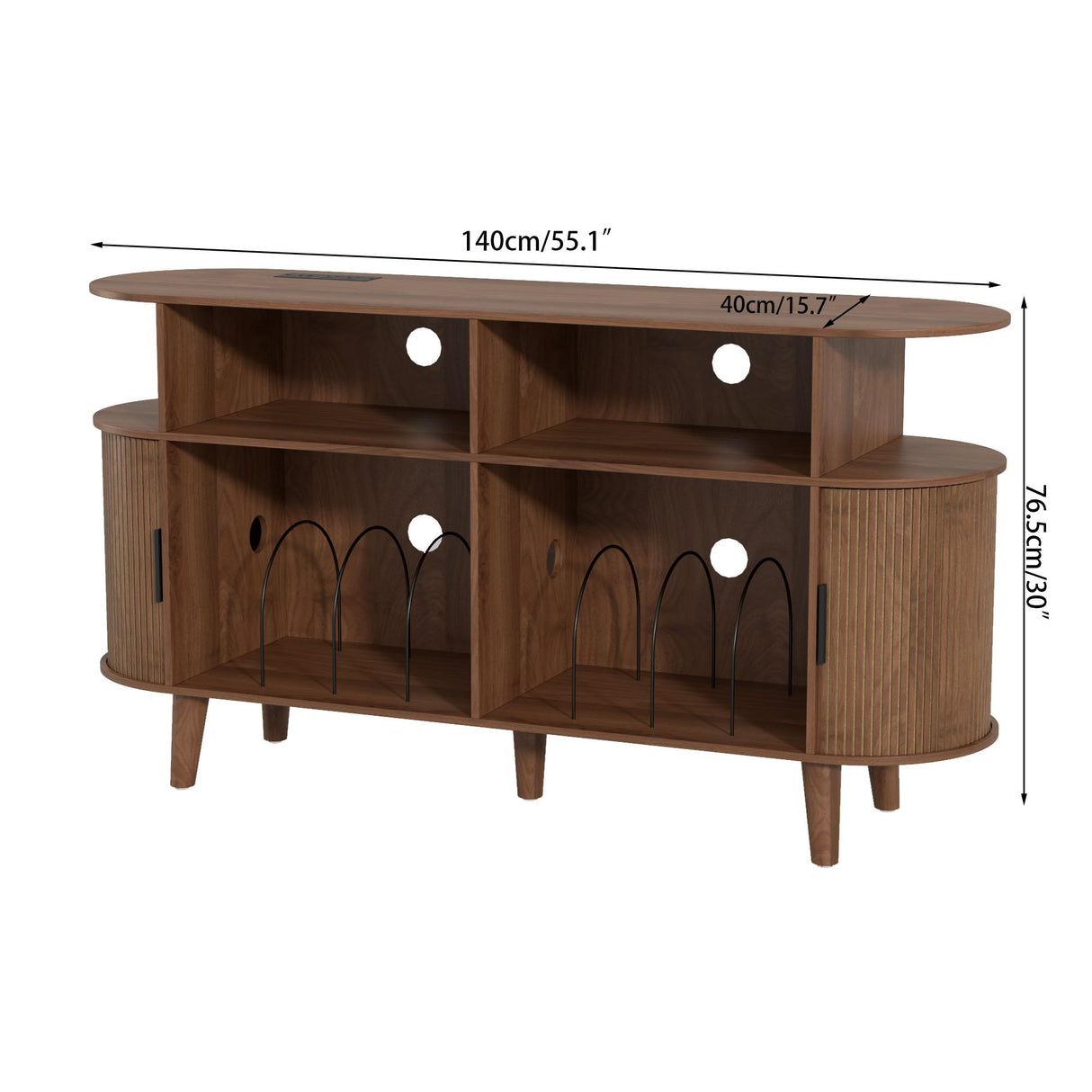 LUVIOHOME Large Round Record Player Stand with Charging Station & USB Ports,Record Storage Cabinet, Mid Century Modern Turntable Stand for Bedroom Living Room (Walnut) LUVIOHOME