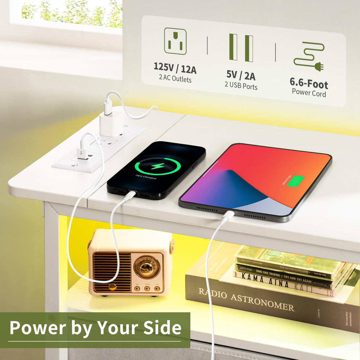 Yoobure End Table with Charging Station, LED Narrow Side Table Bedside Table, Small Night Stand End Tables Living Room, Skinny Nightstand with 3 Fabric Drawers, Side Tables Bedroom for Small Spaces Yoobure