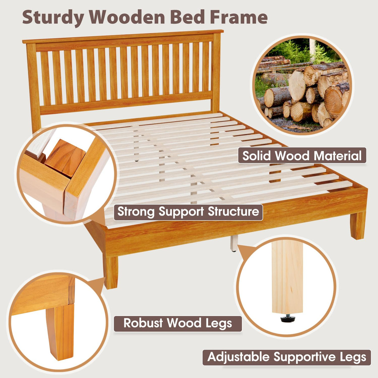 PayLessHere Solid Wood Platform Bed Frame with Headboard - Queen, Brown, Easy Assembly, No Box Spring Needed PayLessHere