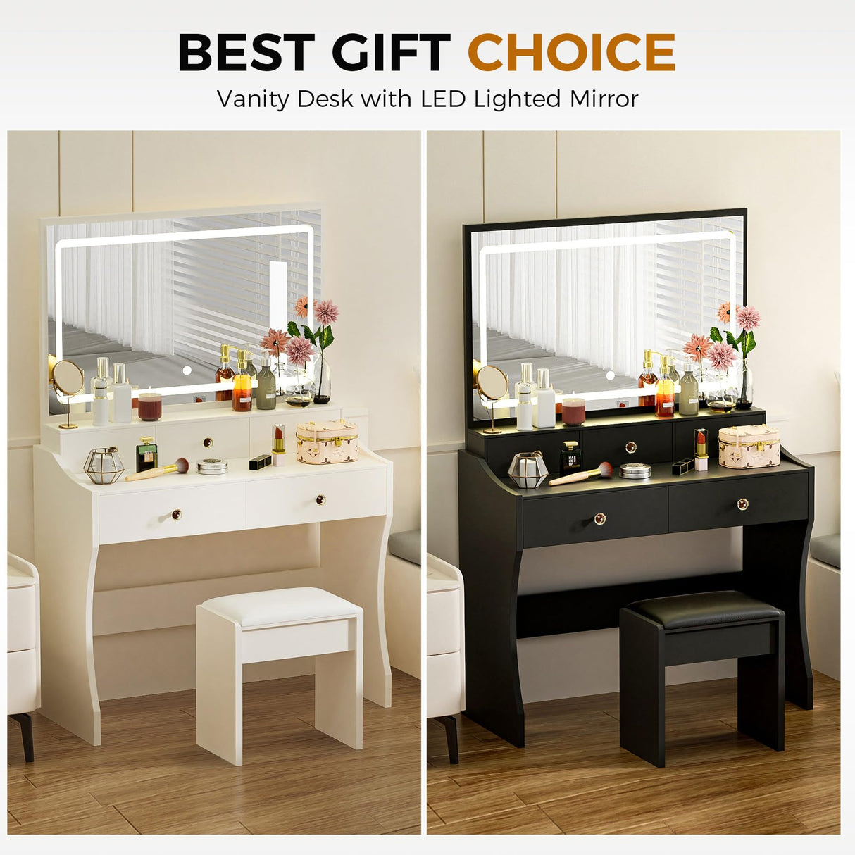 COMHOMA Makeup Vanity Desk with Mirror and Lights, Vanity Table and Chair Set with 5 Drawers and Charging Station, Bedroom Dresser LED Mirror Stepless Dimmable & 3 Color Modes Adjustable, Pure White COMHOMA