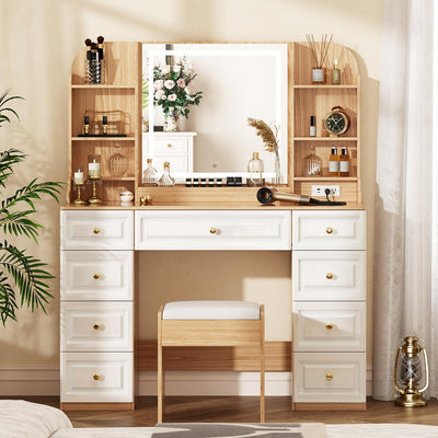 43" Makeup Vanity Desk with Mirror and Lights, & Power Outl, Glass Top Big Vanity Table with 9 Drawers& 8 Storage Shelves, Dressing Table Set with Chair for Bedroom, White+Oak