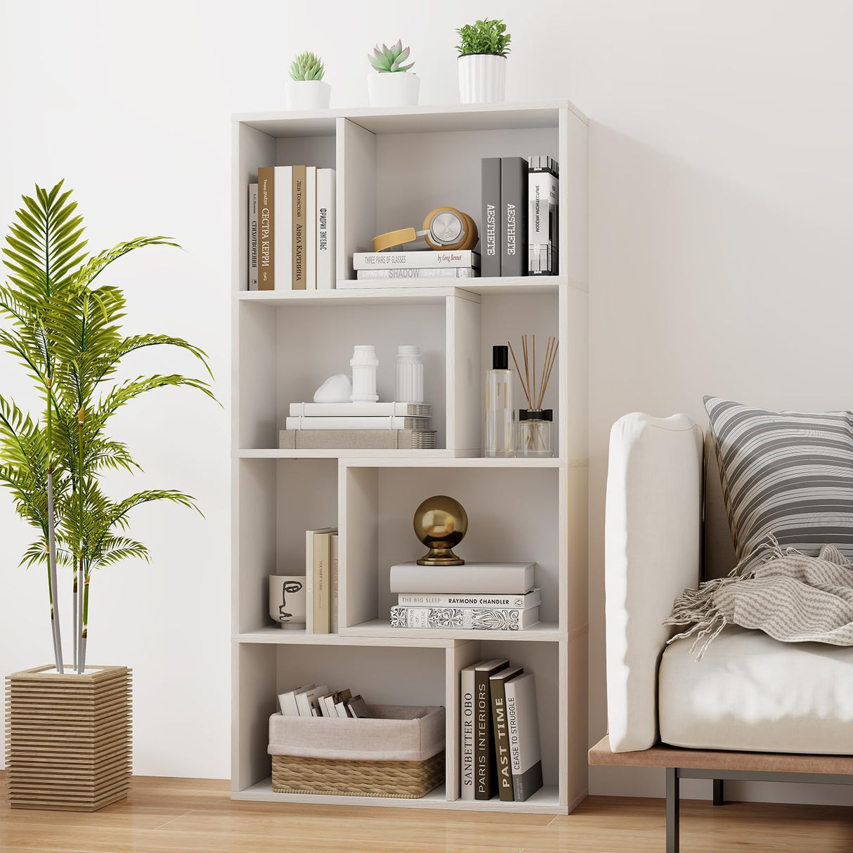 IFANNY Bookshelf, 48’’ Tall Bookcase with 8 Cubes, Small Bookshelf with Storage, Geometric Display Shelf, Wooden Bookshelves & Bookcases, Book Shelves for Bedroom, Living Room, Study (White) IFANNY