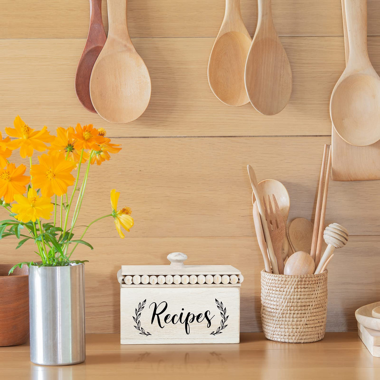 Kathfly Rustic White Recipe Box Wooden Beaded Recipe Box Farmhouse Recipe Holder and Organizer Personalized Recipe Box Bridal Shower Wedding Registry Must Haves for Wedding Birthday Housewarming Kathfly