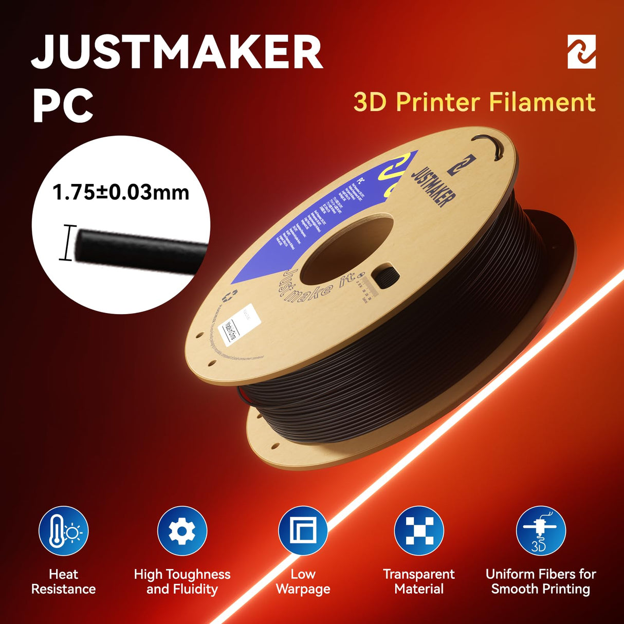 PC 3D Printer Filament, High Temperature Resistant, Low Warpage, Upgrade Cardboard Spool, 1kg, Dimensional Accuracy +/-0.03mm, 1.75mm, White JUSTMAKER
