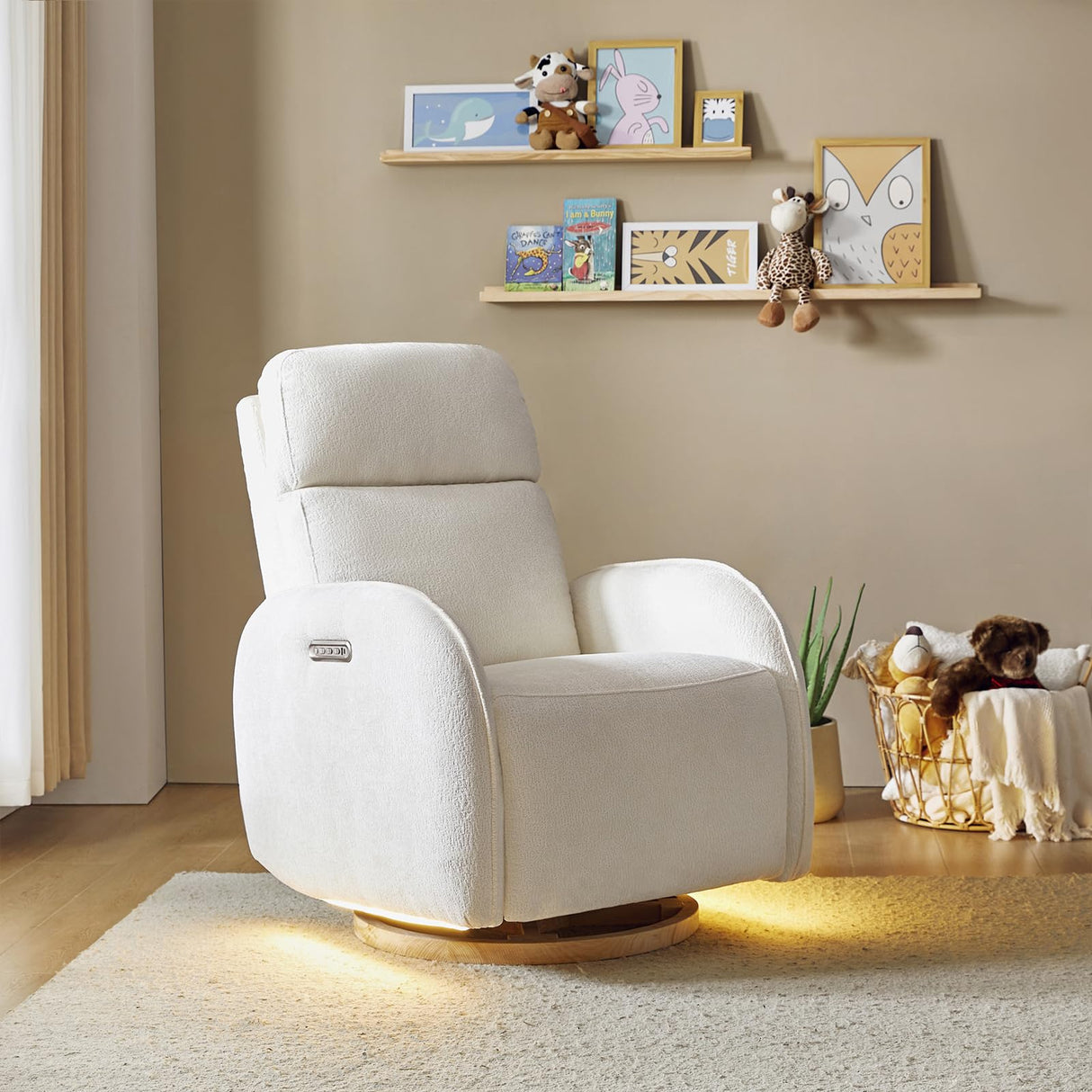 HULALA HOME Glider Recliner Nursery Chair with Adjustable Headrest and Lumbar Support, Modern Power Recliner with USB Port and Nightlight, Swivel Rocker Glider for Nursing Room Bedroom, White HULALA HOME
