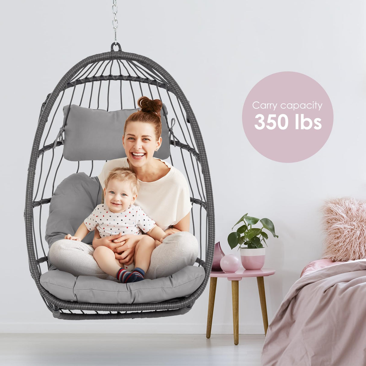 Hanging Egg Chair Without Stand - Foldable Indoor Outdoor Wicker Rattan Swing Egg Chair with Hanging Chain Hammock Chair - UV Resistant Cushions & Aluminum Frame for Bedroom Patio Camping (Grey) XIAO WEI