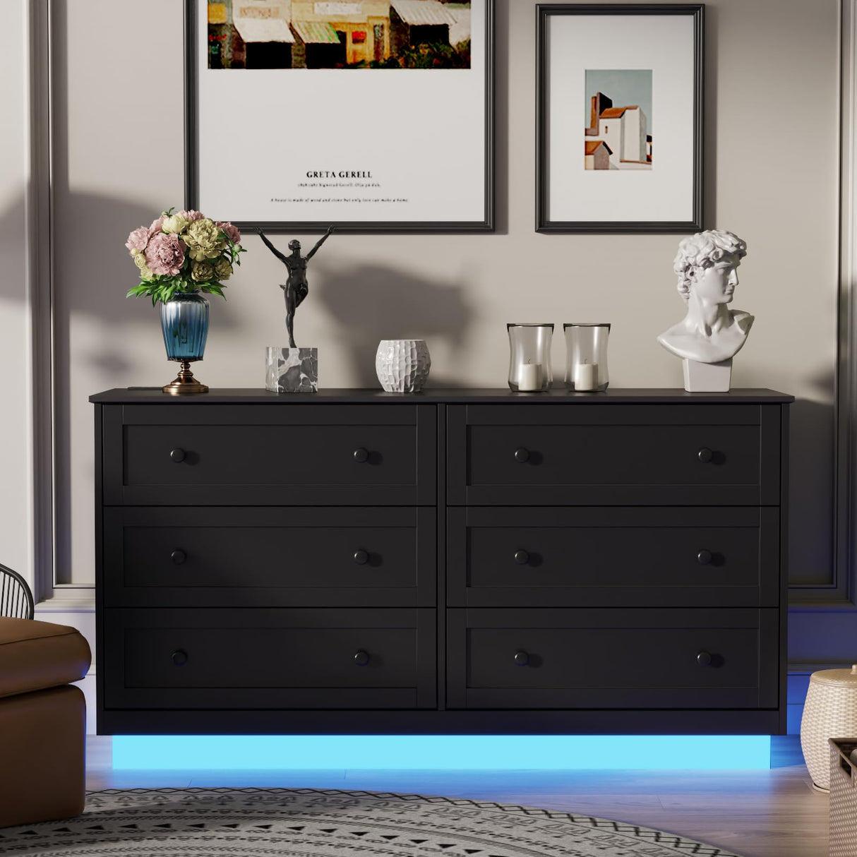 Gyfimoie 6 Drawer Dresser with Power Outlet and LED Light, Modern Floating Storage Dresser for Bedroom, Living Room Gyfimoie