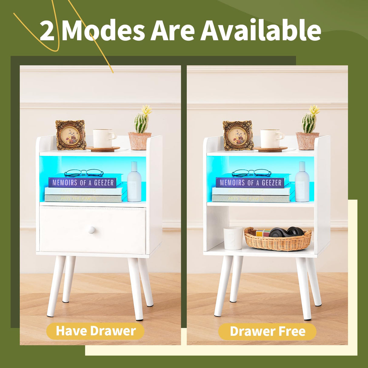 Yoobure Nightstand with Charging Station, Modern Night Stand with LED Lights, Wood Nightstands with Fabric Drawer & Storage Shelf, Night Stands Bedside Table with USB Ports for Bedroom, Office, Home Yoobure