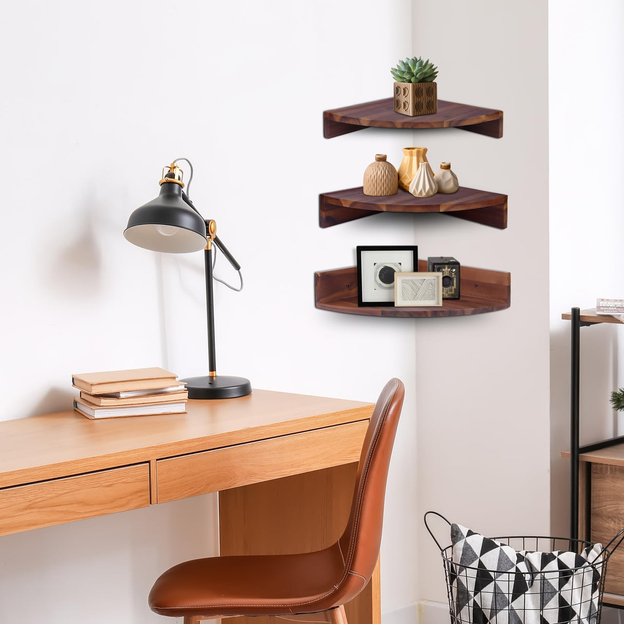 Demigo Corner Shelf Wall Mount Set of 3, Solid Acacia Wood Floating Corner Shelves for Storage and Display, Hanging Wood Shelves for Bedroom, Kitchen, Living Room, Bathroom (Dark Brown) Demigo