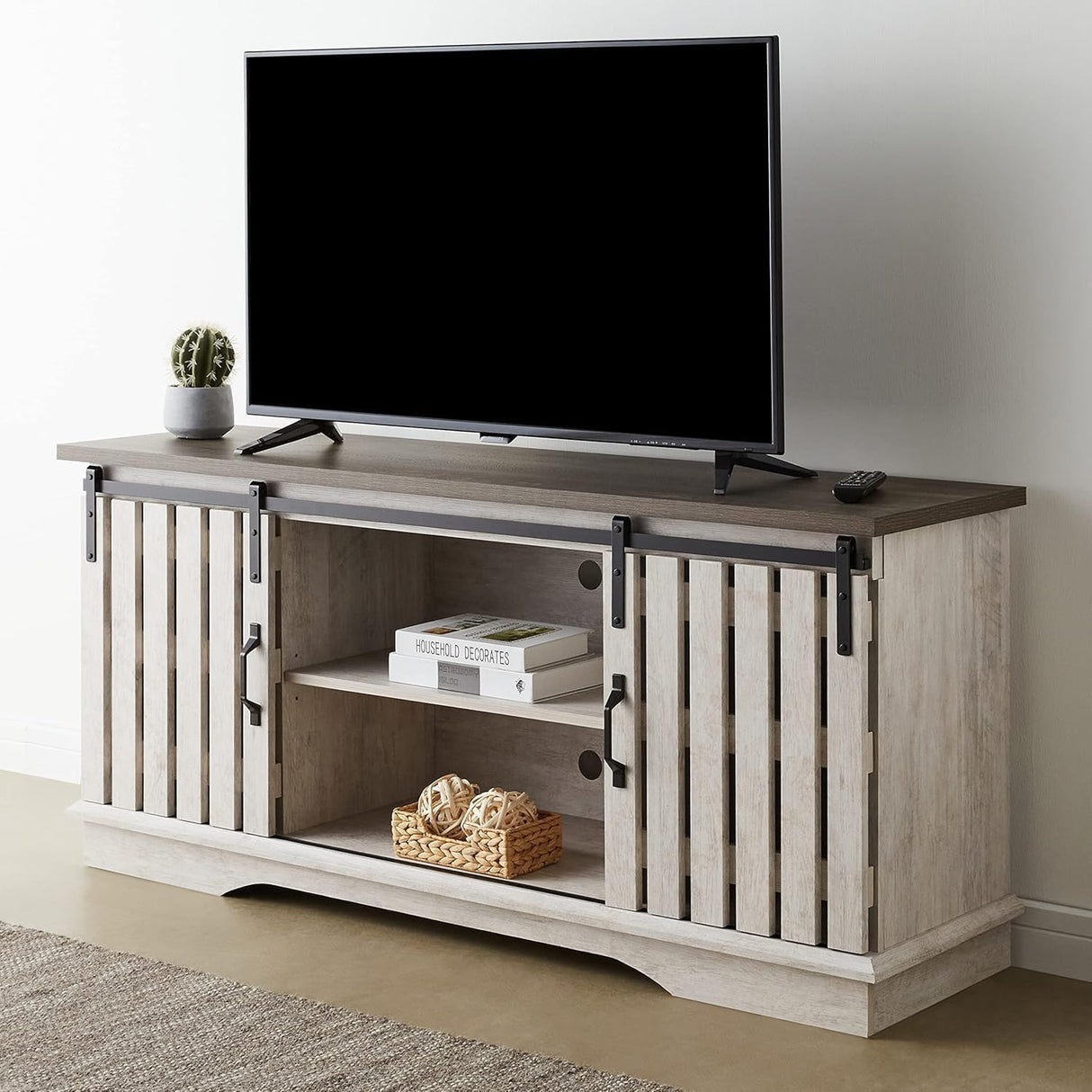 ROCKPOINT Modern Farmhouse Sliding Fence Door Stand for TVs up to 65 Inches, 58inch, White Wash ROCKPOINT