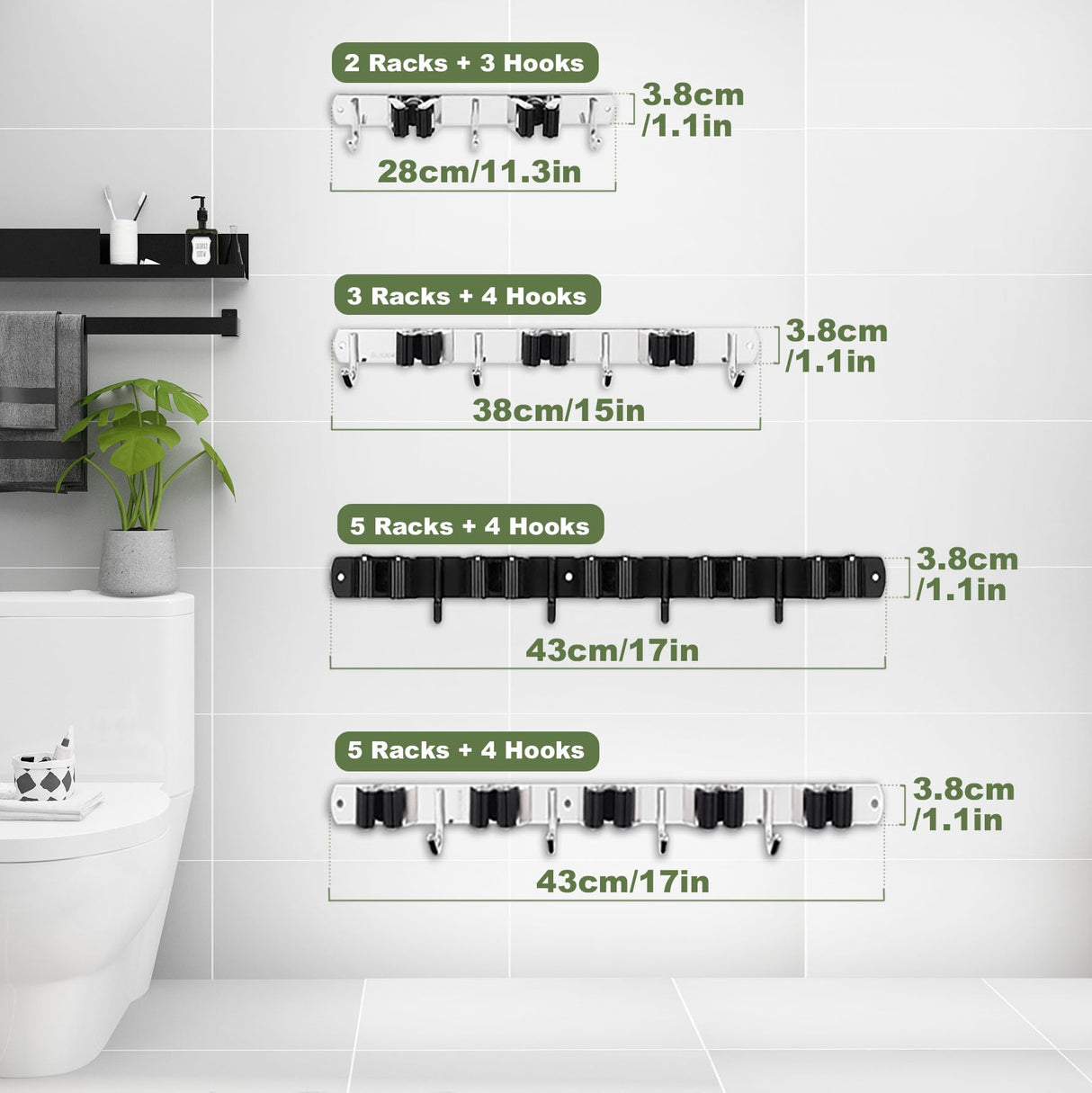 2 Pack 3 Racks and 4 Hooks Broom and Mop Holder Wall Mounted Garage Organizer Storage Tool Racks Stainless Steel Heavy Duty Hooks Self Adhesive Solid Non-slip Wall Hangers for Home Kitchen Garden AceMining