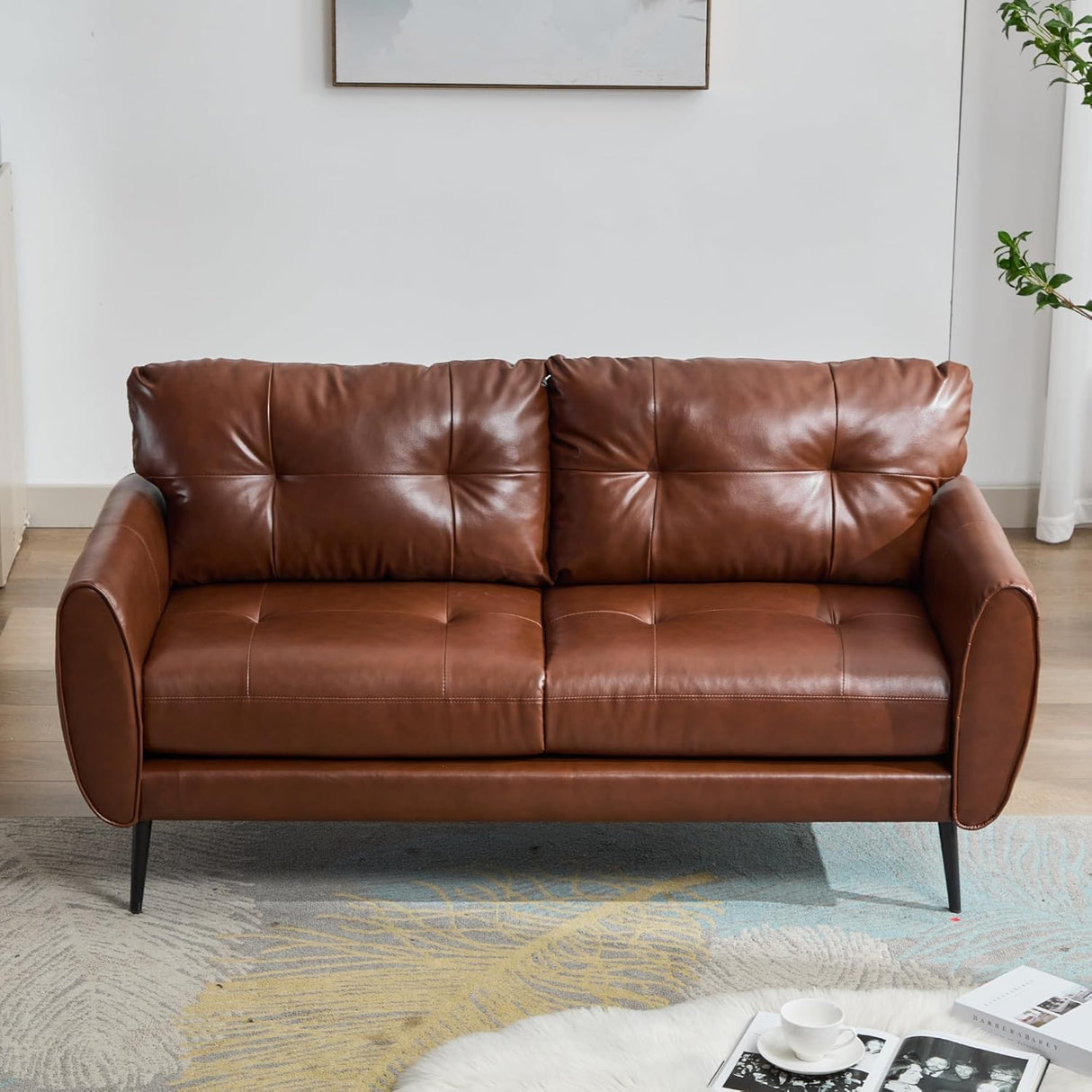Sofa Couch 61" Small Loveseat Couches for Living Room Chestnut Brown Leather Couch Mid Century Modern Tufted Mini Sofa Comfy Office 2 Seat Settee Love Seat Small Couches for Small Spaces Bedroom TYBOATLE