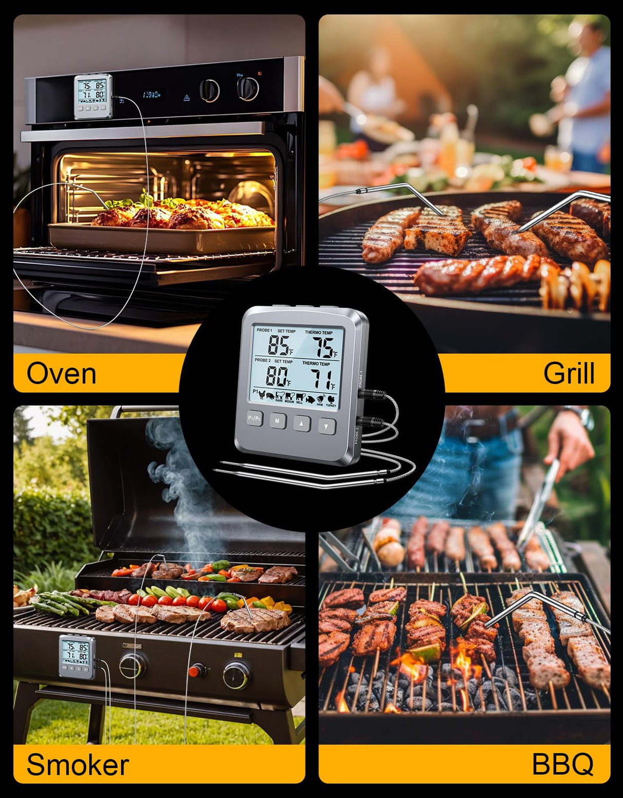 Vuwwey Dual Probe Meat Thermometer Digital for Cooking, Grilling & Smoking with Large LCD Backlight & Alarm, Kitchen Food Grill Thermometer, Smoker Accessories for BBQ, Oven, Oil Fry, Gifts for Men Vuwwey