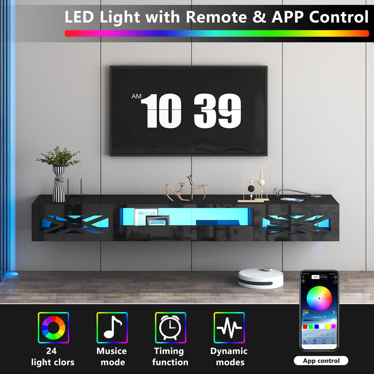 ANTISTA Floating TV Stand, 71" Floating Entertainment Center Wall Mounted,Floating Wall Mounted TV Shelf with Led Lights and Power Outlet,Modern High Gloss tv Cabinet Media Console with Storage ANTISTA