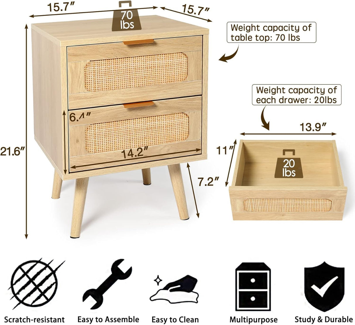 HOPUBUY 3 Drawer Dresser with 2 Nightstand for Bedroom, Oak Rattan Dresser Closet Dressers Chest of Drawers, Light Wood Dresser 3 Drawer Storage Chest for Bedroom, Hallway, Living Room HOPUBUY
