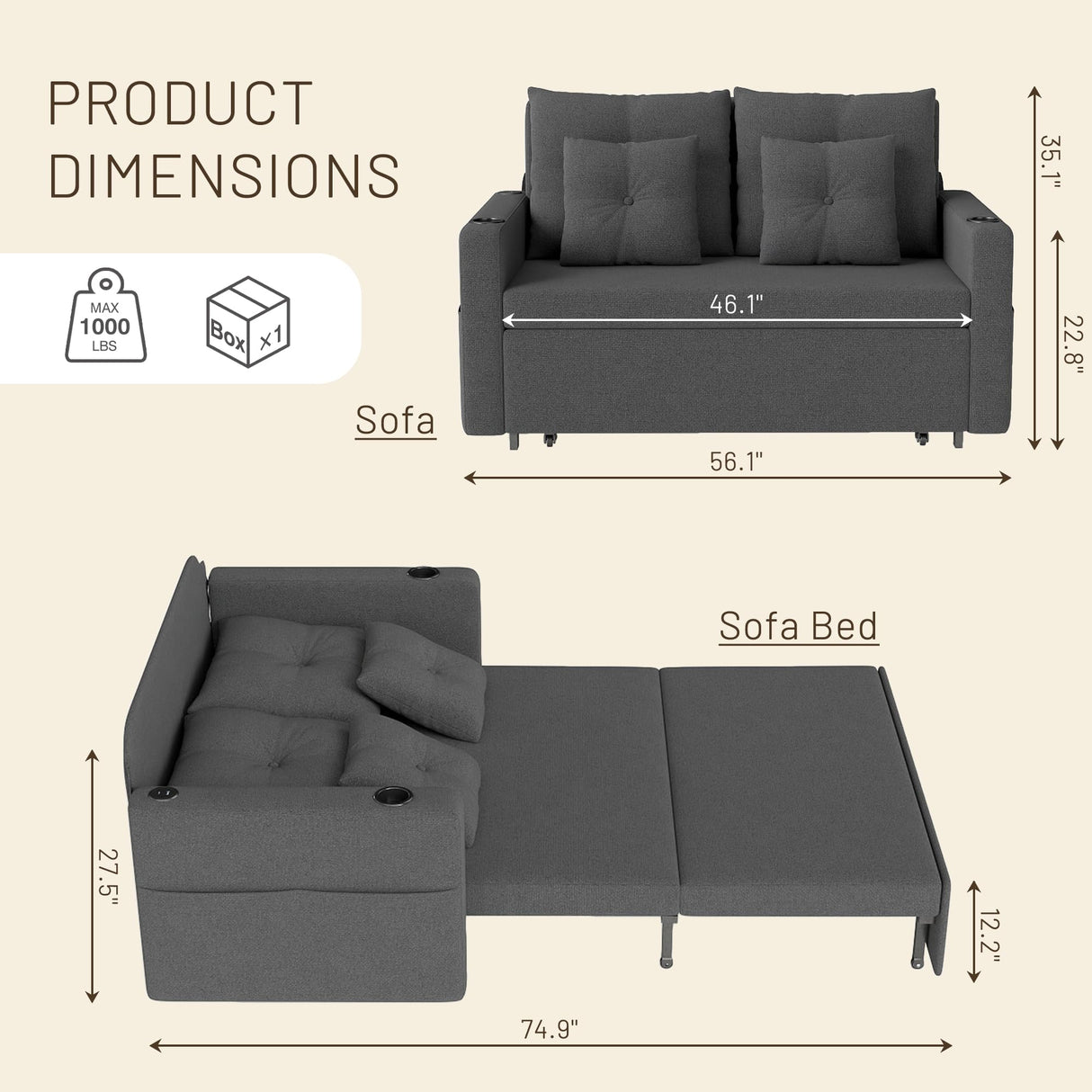 Krcix 3 in 1 Sofa Bed, 56 Inch Convertible Pull Out Couch, Loveseat Sleeper Sofa with Cup Holders, USB, Sofa Couches for Living Room, Bedroom, Apartment, Dark Grey Krcix
