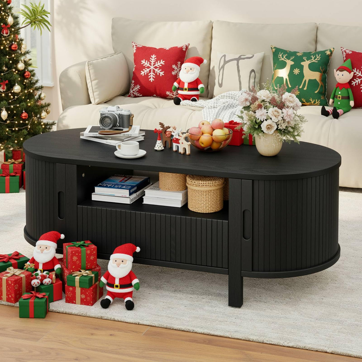 47 Inch Oval Coffee Table, Fluted Coffee Tables with Storage, Mid-Century Modern Living Room Tables, Center Table with Sliding Door and Wood Handle for Living Room, Black ComfyCorner