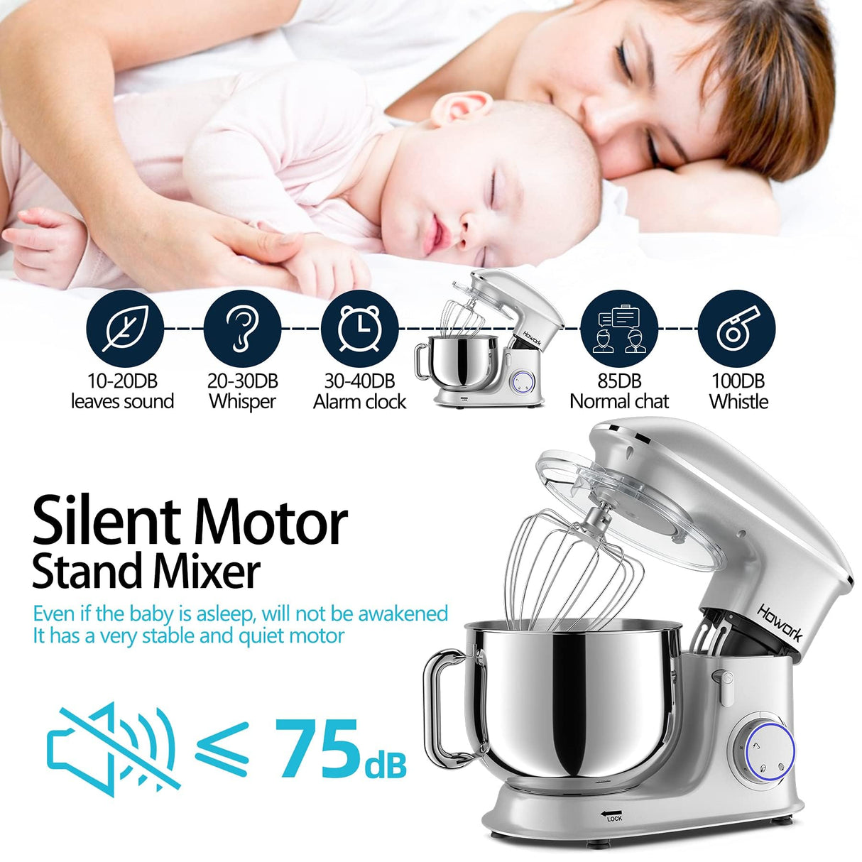 HOWORK 8.5QT Stand Mixer, 660W 6+P Speed Tilt-Head, Electric Kitchen Mixer With Dishwasher-Safe Dough Hook, Beater, Wire Whip & Pouring Shield(8.5 QT, Silver) HOWORK