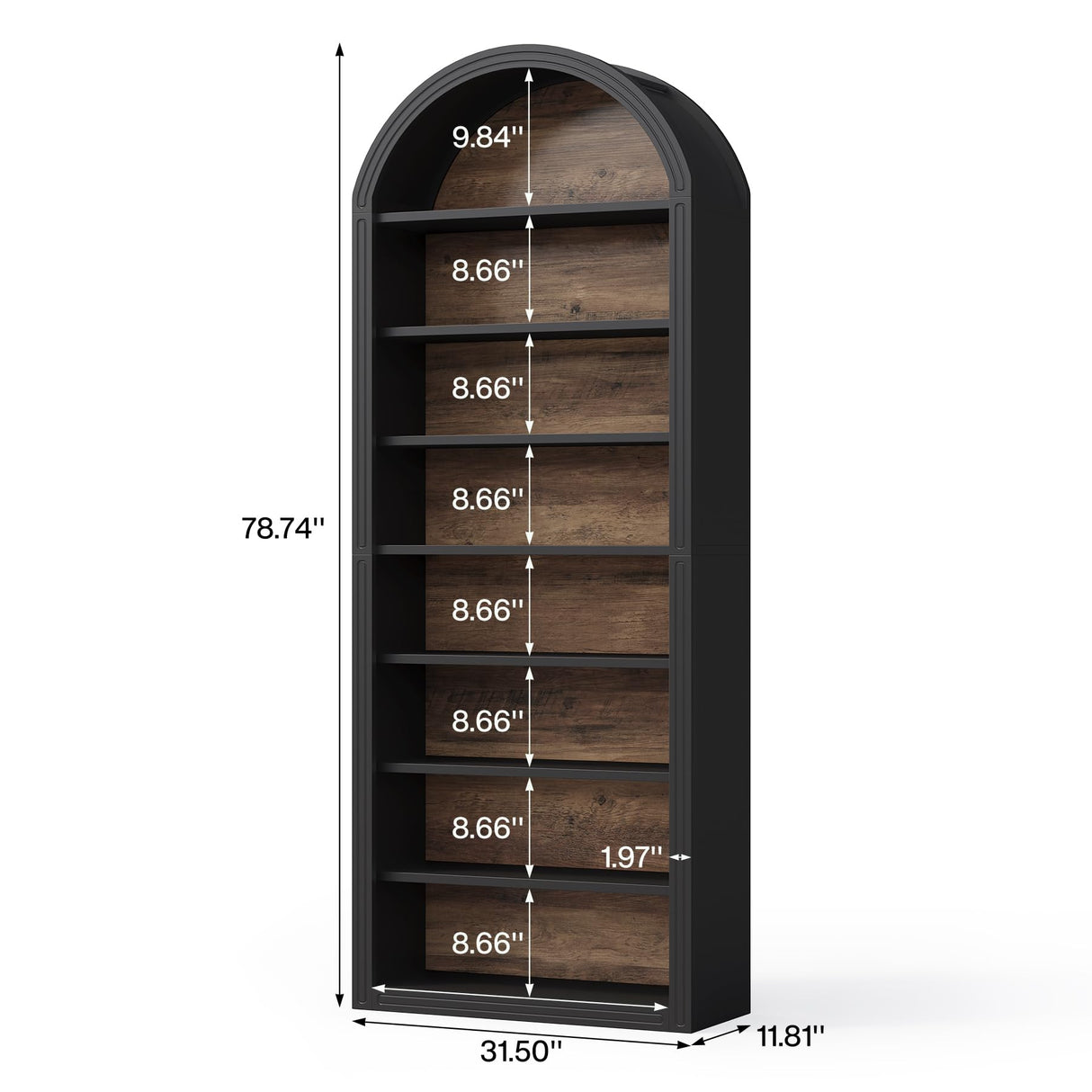 LITTLE TREE 8-Tier Bookcase, 78.7" Tall Bookshelf with Arched Top, Large Freestanding Wooden Open Bookcase Bookshelf, Modern Book Shelf Organizer for Living Room, Bedroom, Office, Library, Black Brown LITTLE TREE