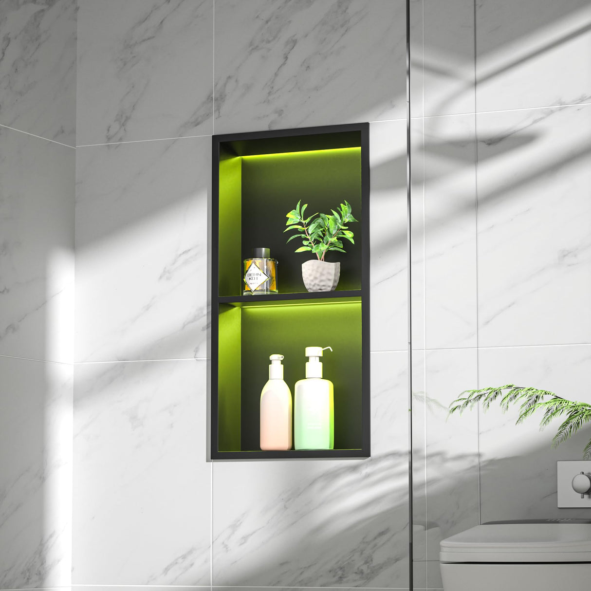 Bernkot Led Shower Niche with RGB Light 24" X 12" Matte Black 304 Stainless Steel Shower Niche with 2-Tiers Shelves Waterproof No Tile Needed Recessed Niches Shower for Bathroom Storage Bernkot